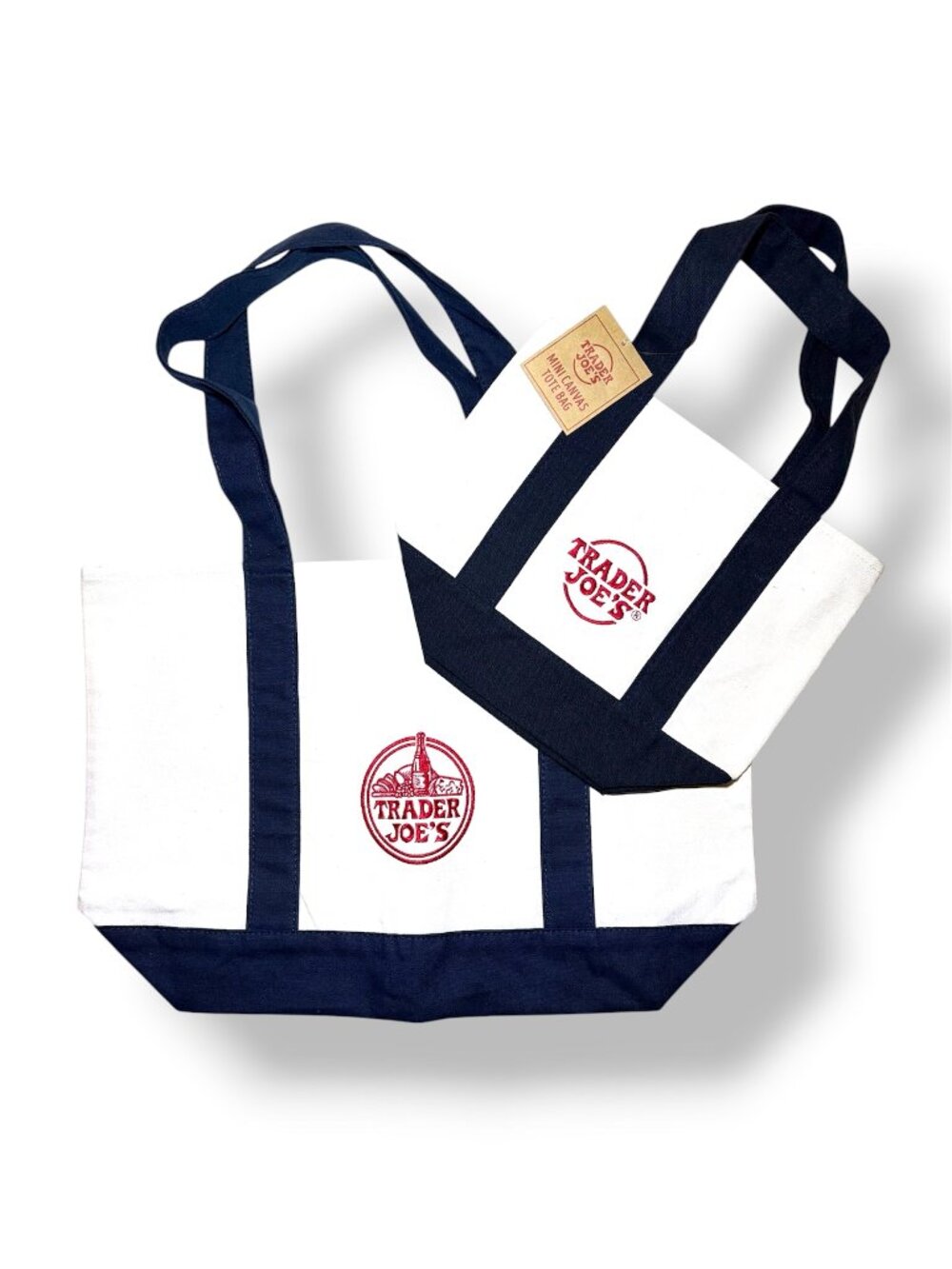 Set of 2 Large & Mini Trader Joe's Canvas Tote matching Colors Navy Trim